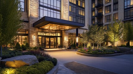 Luxury Hotel Entrance with Stonework and Landscape