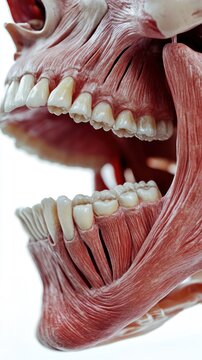Close-up of a human jaw with exposed teeth and muscles.