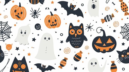 Colorful Halloween Pattern with Pumpkins, Bats, Ghosts, and Cats
