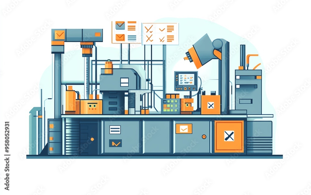 Aufkleber Illustration of industrial automation, focusing on business process workflow optimization, with checkboxes and graphical elements representing efficiency