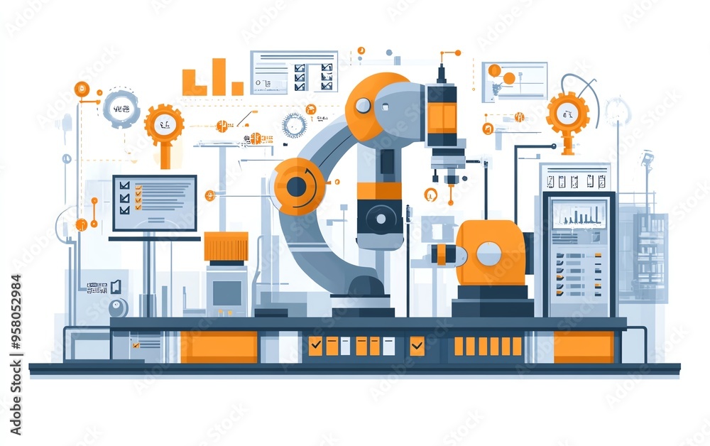 Poster Illustration of industrial automation, focusing on business process workflow optimization, with checkboxes and graphical elements representing efficiency
