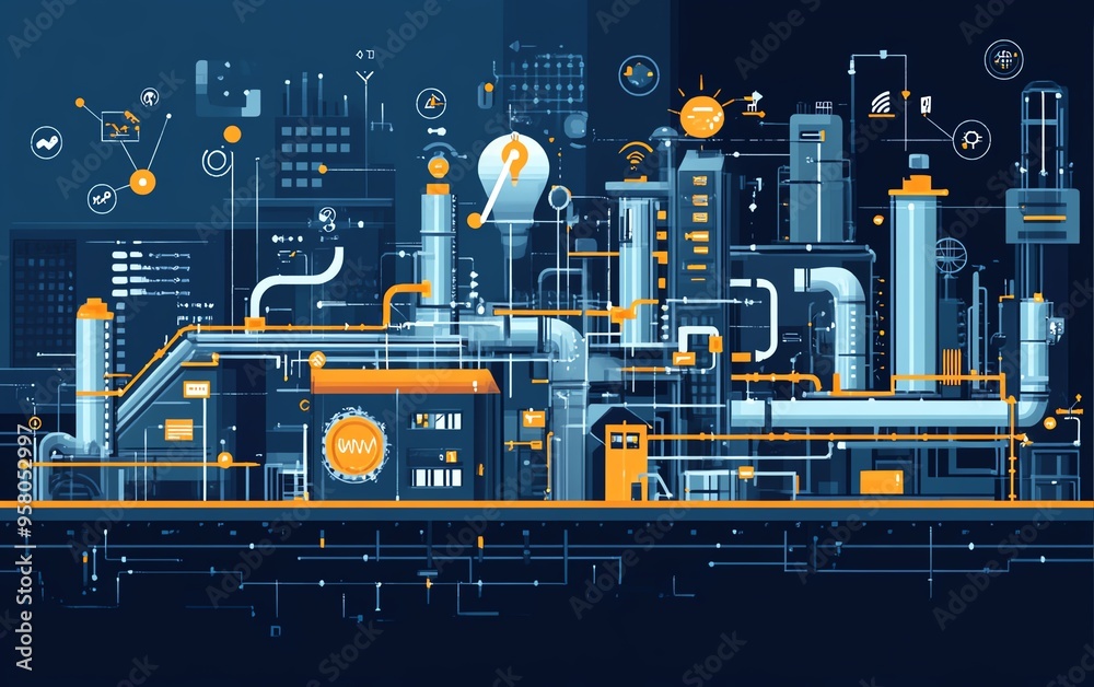 Poster Illustration of industrial automation, focusing on business process workflow optimization, with checkboxes and graphical elements representing efficiency