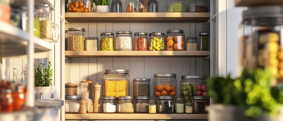 A neatly organized pantry showcasing a variety of glass jars filled with colorful ingredients and fresh herbs.