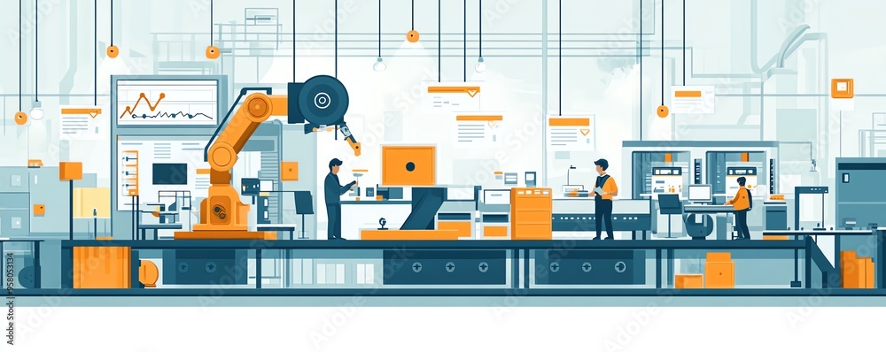 Poster Illustration of industrial automation concept, featuring workflow optimization and checkboxes, emphasizing streamlined and efficient business operations