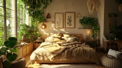 A serene bedroom filled with natural light, plants, and cozy decor creates a relaxing atmosphere for rejuvenation.