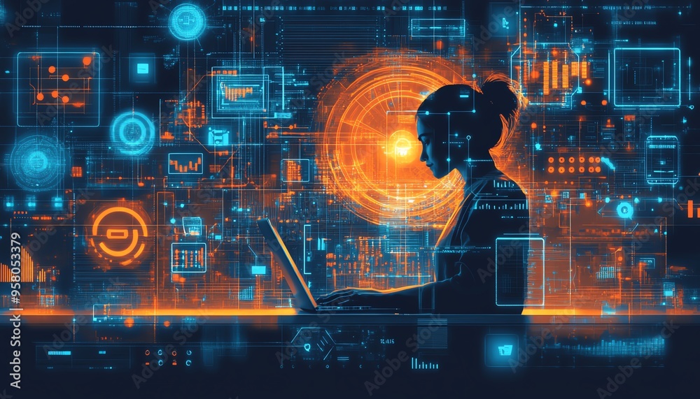 Aufkleber illustration of technical support customer service, featuring a software engineer with a laptop, glo