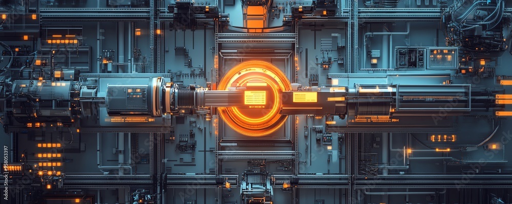 Poster Illustration of industrial automation concept, featuring workflow optimization and checkboxes, emphasizing streamlined and efficient business operations