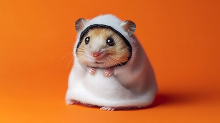 A small hamster wearing a ghost costume, sitting on a bright orange background, clear sharp focus and highly detailed fur, Halloween themed stock photo