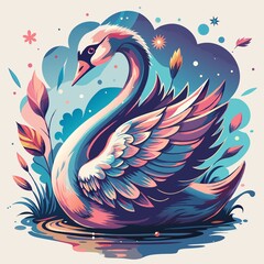 Obraz premium Stylized elegant swan design for T-shirt print with bright colors and tranquil water background