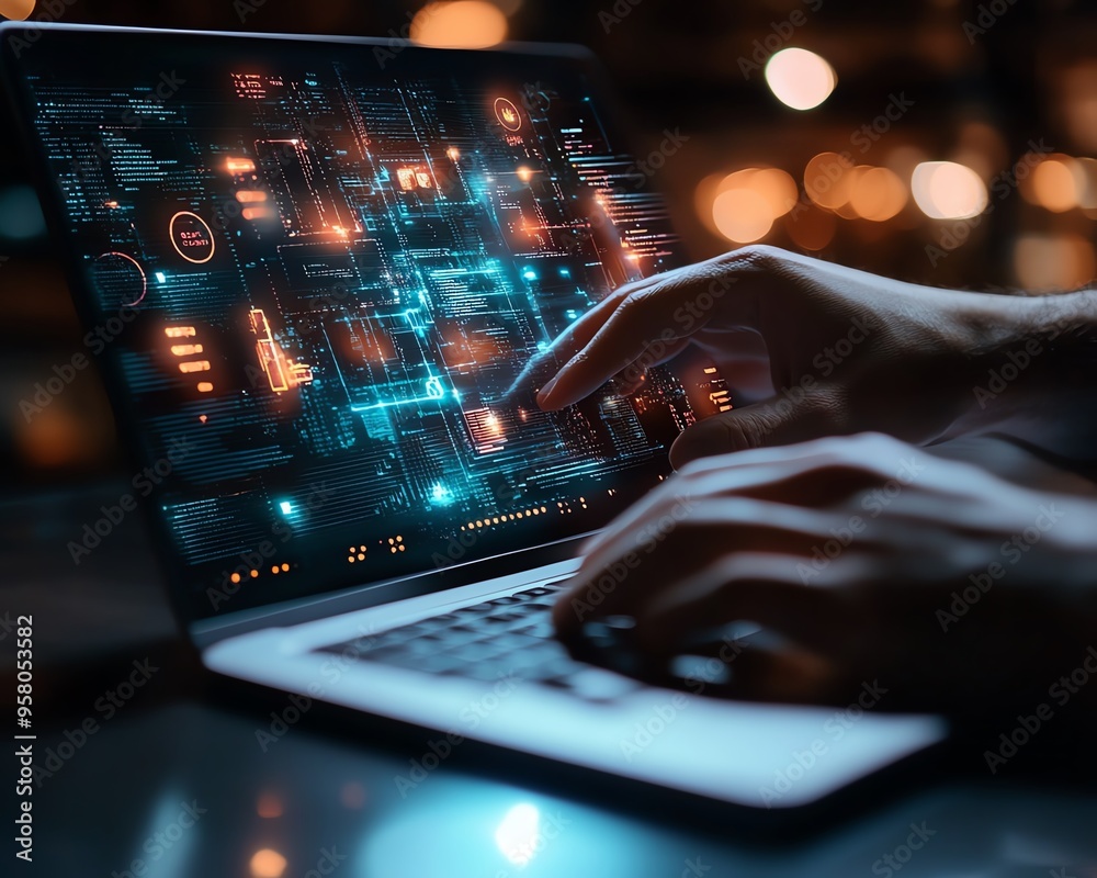 Poster IT support and customer service scene, featuring a software engineer working on a laptop with visual elements of global network and internet technology