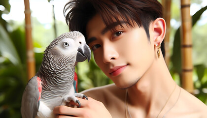 Portrait of a couple holding an African grey parrot with vivid feathers and expressive eyes.