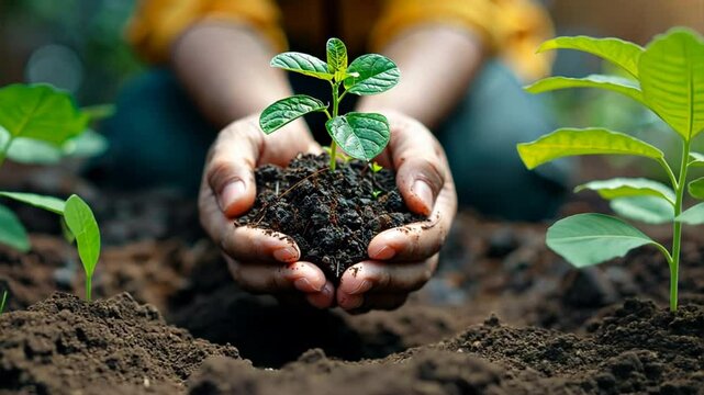 Nurturing New Beginnings: A pair of hands carefully cradles a young sapling, symbolizing growth, renewal, and the power of nature. The image evokes a sense of hope, responsibility, and the interconnec