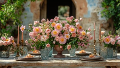 Rustic table setting with pink flowers. A beautiful centerpiece of pink peonies and roses arranged in a rustic vase, perfect for a wedding, party or romantic dinner.