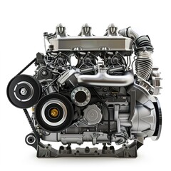 Detailed close up of a powerful motor against a pristine white backdrop isolated on white 