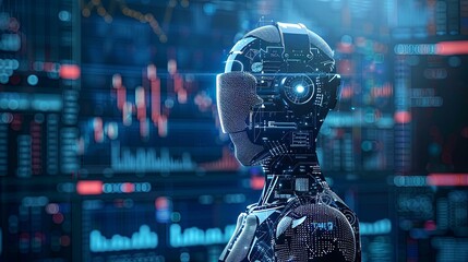 Artificial Intelligence Robot with Glowing Eye in Front of Data