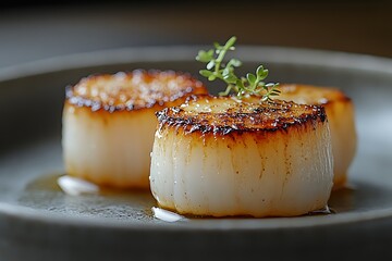 Two perfectly seared scallops presented on a minimalistic dish.