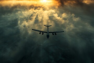 Fototapeta premium A lone aircraft soars above a desolate battlefield, a symbol of modern warfare's power.