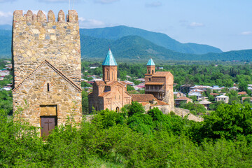 Fototapeta premium View from the mountain to the watchtower, to Gremi, to Eniseli village and mountains