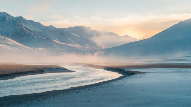 Winter landscape in Qinghai, with mist over winding rivers and the first rays of sunlight illuminating snow-covered mountains, evoking mystery