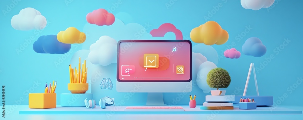 Poster Modern flat design 3D illustration of Qadir using cloud computing, userfriendly cloud storage access