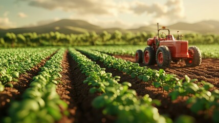 Obraz premium A vibrant tractor working through lush green rows of crops in a serene agricultural landscape under a warm sky.