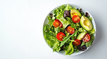 A colorful salad with mixed greens, cherry tomatoes, avocado, and a light vinaigrette, arranged in a minimalist style for a fresh and healthy look. Ample copy space.