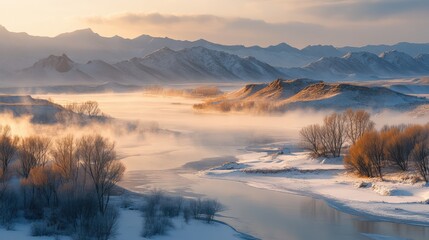 Winter morning in the Qilian Mountains, with mist over rivers and the first sunlight casting a soft glow on the snow-dusted landscape, evoking mystery
