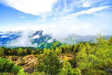 View from Schatzberg of the surrounding landscape. Idyllic nature in Wildschönau in the Kufstein district in Austria. Mountain landscape in the Kitzbühel Alps in Tyrol.
