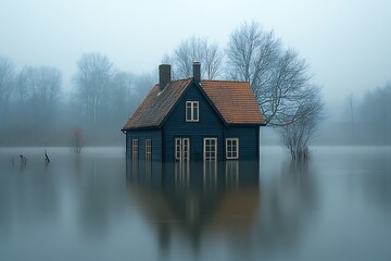 A solitary house stands amidst rising floodwaters, a picture of vulnerability and isolation.