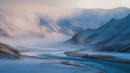 Winter morning in the Qinghai Qilian Mountains, with winding rivers, soft mist, and the first sunlight casting a serene glow, capturing a tranquil atmosphere