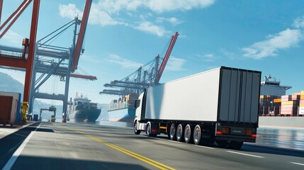 A semi-trailer truck driving through a busy port with container ships and cranes in the background.