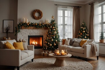 Christmas interior of a living room with a sofa decorated with a Christmas tree, fireplace, gifts and a big bright star in warm colors in a cozy home