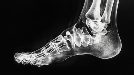 Naklejka premium A black and white x-ray image of a human foot, showing the bones of the ankle, foot and toes.