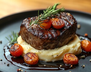 Perfectly cooked meat with rich mashed potatoes and caramelized roasted vegetables, presented with culinary finesse