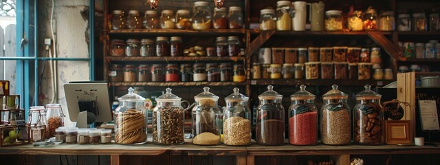 Rustic grocery store counter with jars and spices