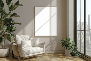 Poster Frame in Beige minimalist living room interior created with generative AI