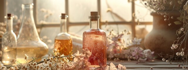 Vintage glass bottles with herbal liquids on a sunlit table