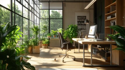 Bright office interior featuring plants, wooden furniture, and large windows that invite natural light.