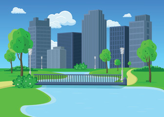 Panoramic view of the city park with a lake, a pedestrian bridge and a view of the business center.