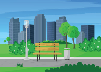 City park in the city center with a bench, street lamp. Concept of urban recreation and walks.