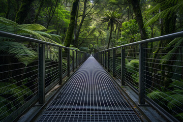 Obraz premium A misty tropical jungle with a bridge cutting through dense, lush greenery