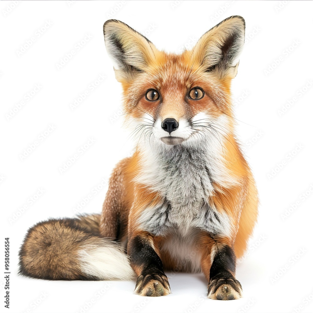 Sticker a red fox with eyes wide open sits peacefully on the ground isolated on white background