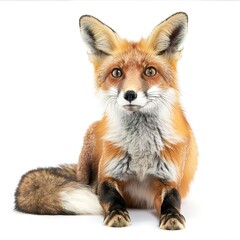 A red fox with eyes wide open sits peacefully on the ground isolated on white background 