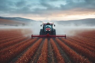 Fototapeta premium A tractor harvests crops at sunset, showcasing modern farming technology.