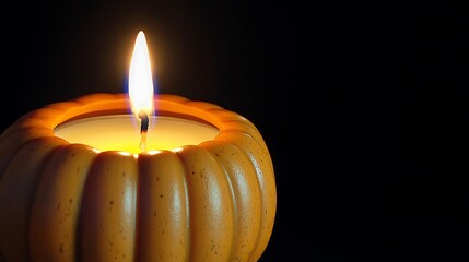 A spooky close-up of a candle in a pumpkin-shaped holder with a sharp focus on the glowing flame. The background is solid black, highlighting the candle is details.