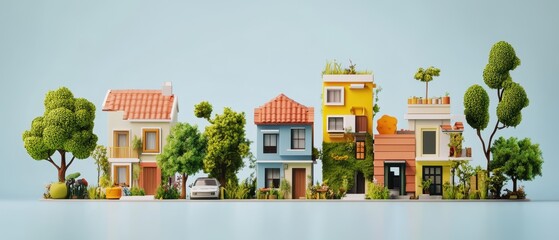 Colorful miniature houses with greenery, showcasing a charming neighborhood and vibrant architecture.