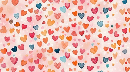Watercolor Hearts Pattern in Assorted Colors on a Pink Background