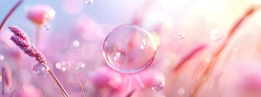 Wall mural a soap bubble drifts above a pink flower field, its surface dotted with dainty water beads