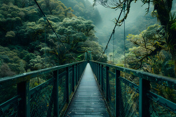 Obraz premium A misty tropical jungle with a bridge cutting through dense, lush greenery