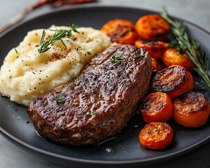 Savory meat with creamy mashed potatoes and roasted vegetables, served on a plate with an appetizing look